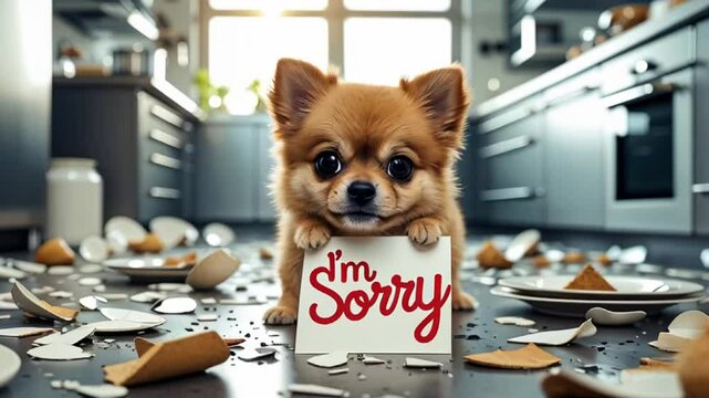 cute guilty spitz puppy in the kitchen among broken dishes with a sign saying i'm sorry
