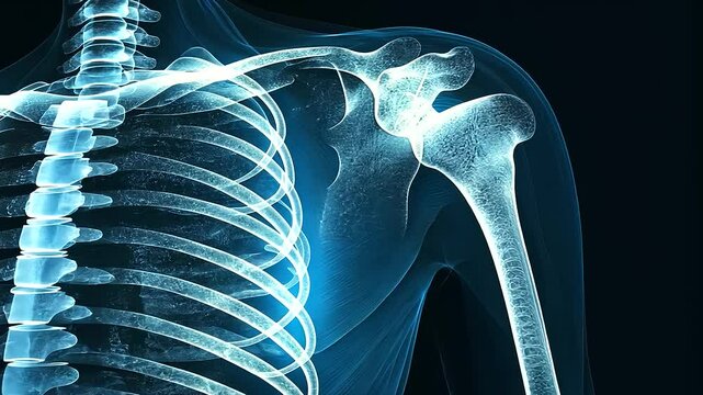 Clinical shoulder blade X-ray, showing a fractured scapula and vertebral column stress points. Subtle blue motion effects pulse across the trauma, emphasizing injury severity.