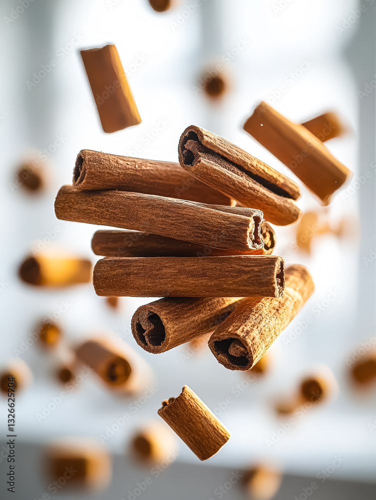 Poster close up of cinnamon sticks in the air. the sticks are scattered in different directions, creating a