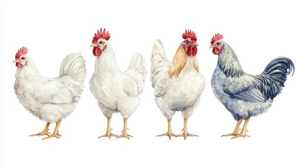 Fototapeta premium Watercolor Painting of Four Chickens White Hen White Rooster and Two Gray Roosters