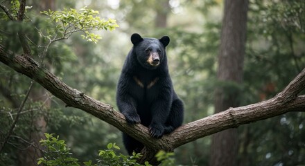 Obraz premium Majestic Black Bear in Forest Habitat - A powerful black bear sits calmly on a tree branch in a lush green forest. Nature wildlife scene