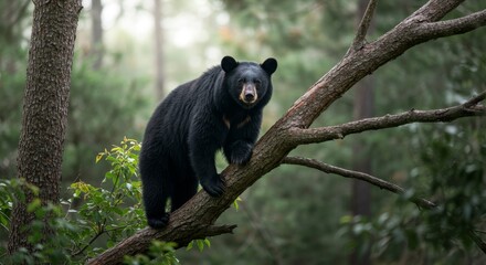 Obraz premium Majestic Black Bear in Forest Canopy - A powerful black bear sits on a tree branch, symbolizing strength, wilderness, nature, tranquility