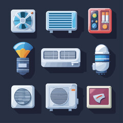 Stylized icons of HVAC, cooling, and ventilation equipment on dark background.