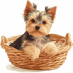 Adorable Yorkshire Terrier Puppy in Wicker Basket Cute Dog Pet Studio Shot