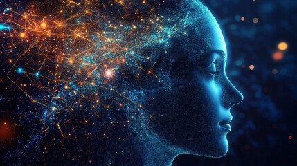 Fototapeta premium A digital representation of a human profile infused with glowing neural connections, symbolizing intellect and creativity.