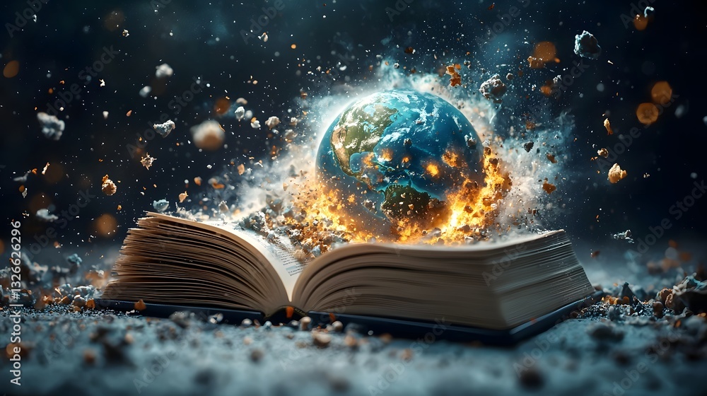 Poster open book generating real time 3d earth simulation showcasing dynamic climate tectonic and weather p