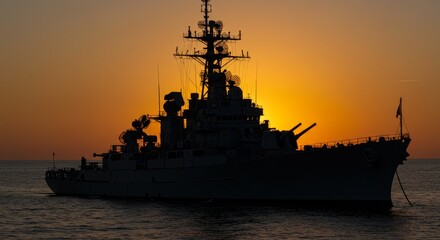 Majestic Warship at Sunset - Silhouette of a large warship at sunset, ocean, dramatic lighting, powerful vessel
