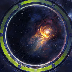 Scena cosmica di un portale spaziale che collega due galassie, fondendo tra loro surrealismo e iperrealismo, Cosmic scene of a space portal connecting two galaxies, merging surrealism and hyperrealism