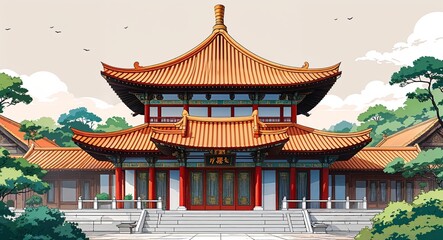 Fototapeta premium Asian temple with curved roofs building design on manga design illustration background