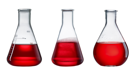 Three laboratory flasks filled with vibrant red liquids illustrating science experiments.