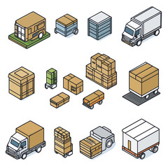 Isometric Delivery Trucks and Boxes Illustration on White Background.