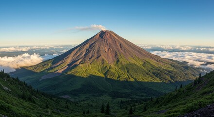 Fototapeta premium Majestic Volcano Amidst Verdant Slopes and Clouds - A breathtaking panoramic view of a majestic volcano rising above lush green mountains and a sea of clouds under a clear blue sky. Symbolizing power