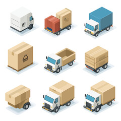 Isometric Delivery Trucks with Cardboard Boxes for Shipping and Logistics