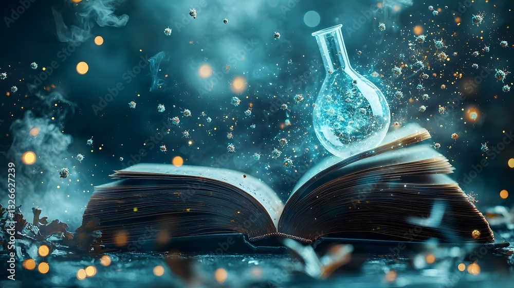 Poster revealing the future of biotechnology an open book showcasing the inner workings of advanced biotech