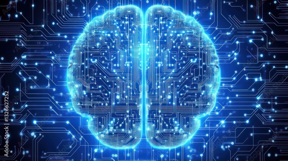 Poster a futuristic representation of a brain with glowing circuits, symbolizing artificial intelligence an