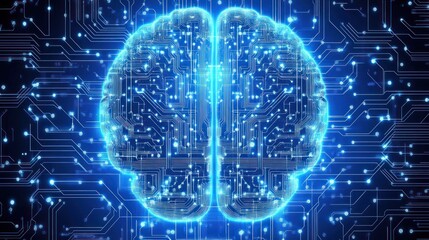 Fototapeta premium A futuristic representation of a brain with glowing circuits, symbolizing artificial intelligence and digital innovation.
