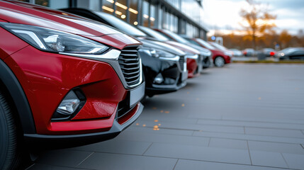 Naklejka premium Exploring a modern car dealership with new vehicles shining in daylight outside the showroom