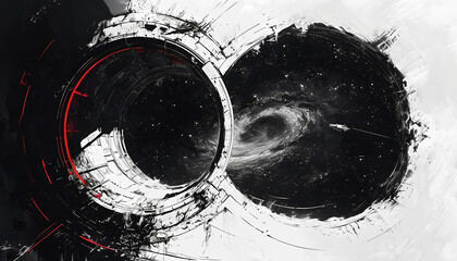Scena cosmica di un portale spaziale che collega due galassie, fondendo tra loro surrealismo e iperrealismo, Cosmic scene of a space portal connecting two galaxies, merging surrealism and hyperrealism