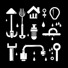 Obraz premium Abstract white icons with water drops and water-related items on black.