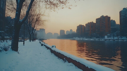 Obraz premium Winter cityscape reflected on calm river