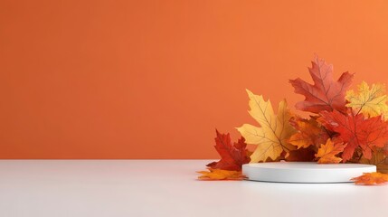 White round podium with autumn leaves on orange background.