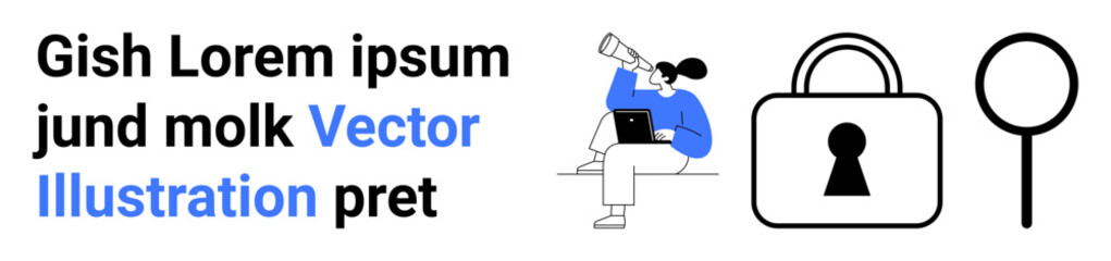 Person sitting with a laptop using a spyglass, large security lock, and magnifying glass. Ideal for business, security, technology, research, analysis protection investigation. Landing page