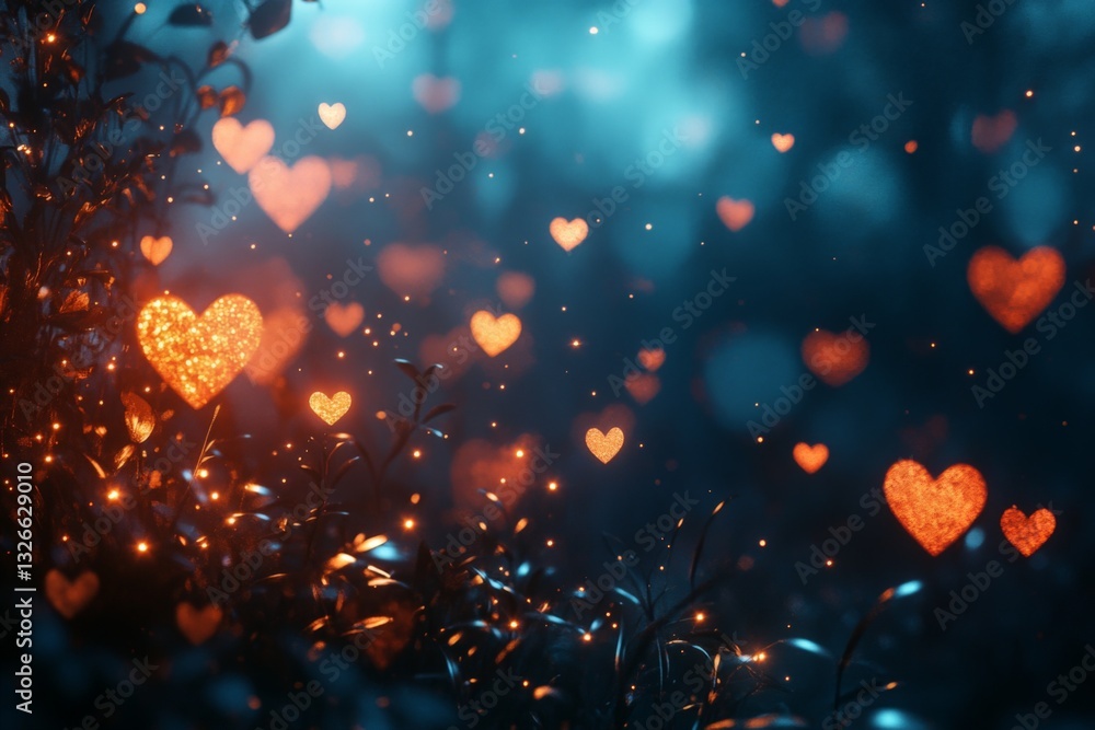 Poster soft glowing hearts illuminate a serene forest at dusk, creating a magical atmosphere filled with wa