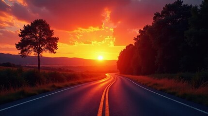 Naklejka premium Serene Sunset Road Journey A Winding Asphalt Path Through Silhouetted Trees and Lush Grasslands Under a Vibrant Sky