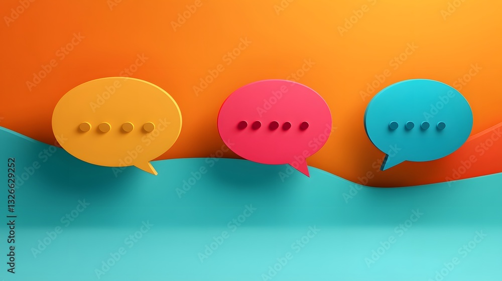 Poster Colorful speech bubbles floating over a wavy background representing online communication
