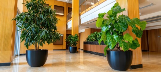 A bright interior space featuring large green plants in black pots, enhancing the modern architectural design with wooden accents.