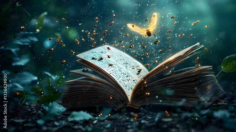 Aufkleber an open book releasing a swarm of glowing bioengineered insects embedded with microscopic circuits d