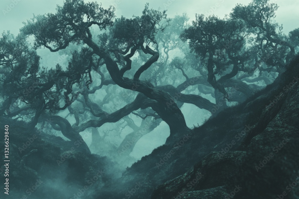 Poster Mysterious mist shrouds ancient twisted trees in a dense forest at dawn