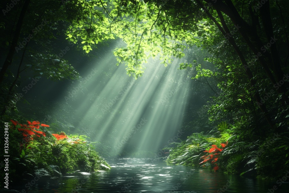 Poster sunlight filters through lush foliage illuminating a serene river in a vibrant forest setting