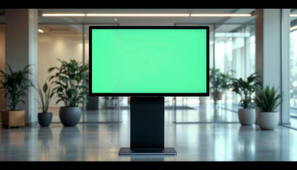 A large digital display with a green screen in a modern office lobby, surrounded by indoor plants, creating a fresh and inviting atmosphere