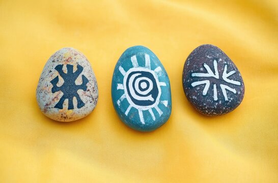 Hand-Drawn Taino Petroglyphs on Painted Stones for Children's Crafting during Hispanic Heritage Month