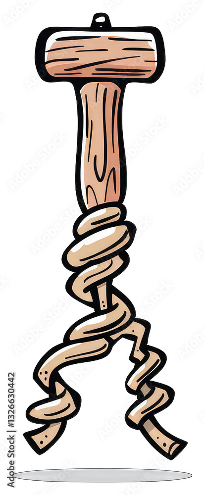 Poster wooden mallet with twisted cord attached showing a shadow