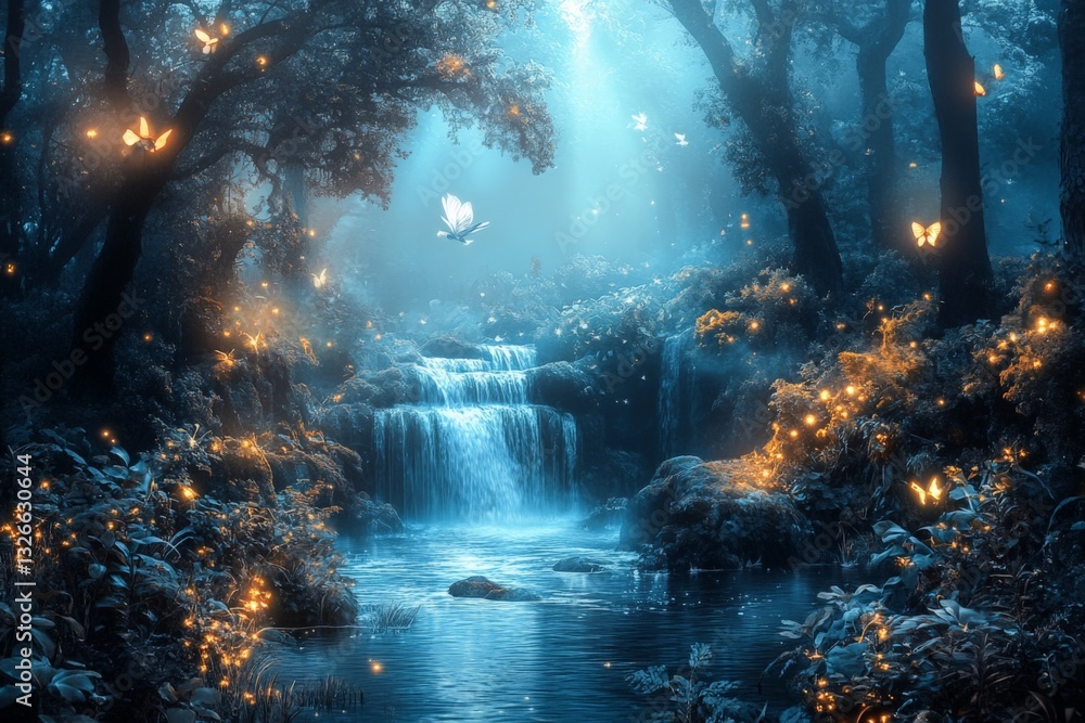 Poster Enchanting forest with glowing butterflies and a serene waterfall at twilight