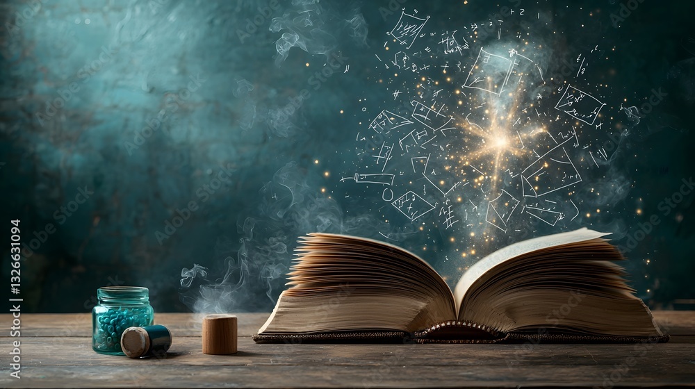 Poster a photograph of an open book generating a holographic chalkboard displaying intricate calculus equat