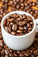 Roasted coffee beans in a white cup