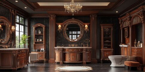 Fototapeta premium Luxurious Dark Bathroom Interior with Ornate Wooden Furniture