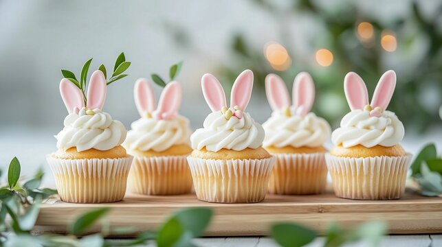 Easter cupcakes with marzipan bunny ears, soft icing, and festive decor, ideal for Easter parties, spring celebrations, and family gatherings