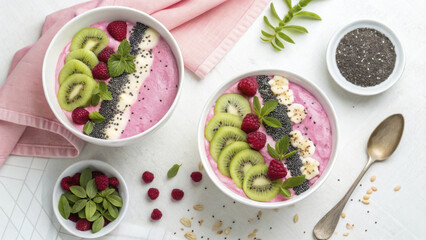 Aesthetic flat lay of smoothie bowls with yogurt, fruits, and seeds. vibrant colors of raspberries, bananas, and kiwi create refreshing and healthy breakfast option