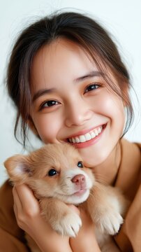 Asian female zookeeper gently holding a baby animal against a white background in a caring and warm moment of connection
