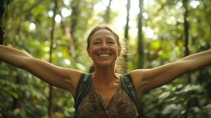 Radiant Woman Smiling in Lush Green Forest Surrounded by Nature's Beauty and Bright Dappled Light