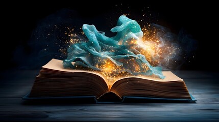 A captivating photograph showcasing an open book where mathematical dimensions unfold revealing a Mbius strip Klein bottle and hyperbolic space that glow with vibrant light effects