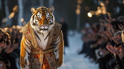 Siberian tiger graces winter catwalk in traditional russian fashion