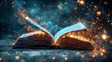 Dimensional Revelations An open book unfurls to reveal a captivating mathematical odyssey showcasing the mesmerizing forms of a Mbius strip Klein bottle and hyperbolic space