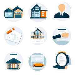 Real Estate Icons: Modern Home, Agent, Property Contract, Agreement