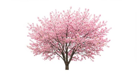 Obraz premium Pink Cherry Blossom Tree in Full Bloom - A beautiful, full-sized pink cherry blossom tree isolated on a white background. Perfect for spring themes