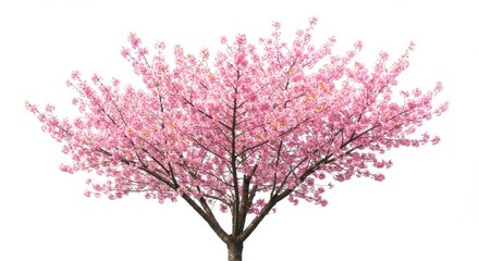Fototapeta premium Pink Cherry Blossom Tree Isolated - A beautiful, full-bloom pink cherry blossom tree isolated on a white background. Perfect for spring themes